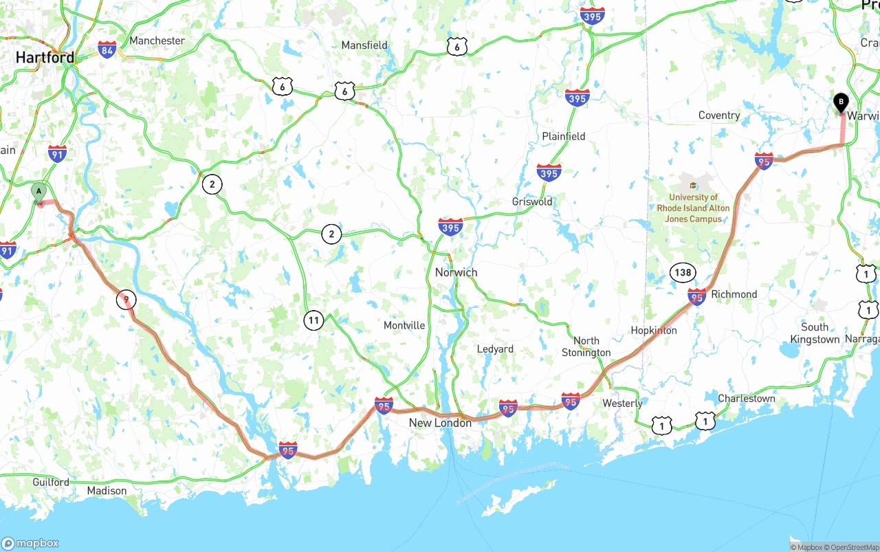 Shipping route from Connecticut to Rhode Island