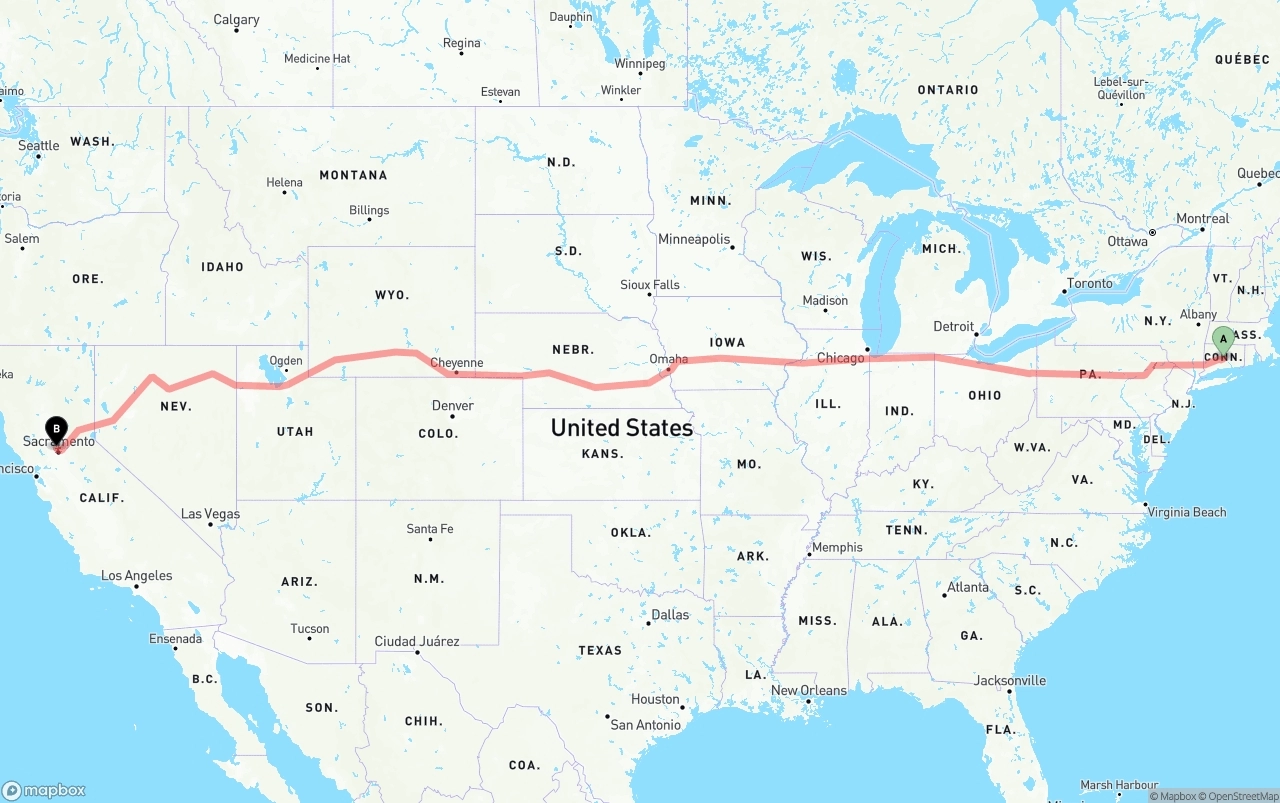 Shipping route from Connecticut to Sacramento International Airport