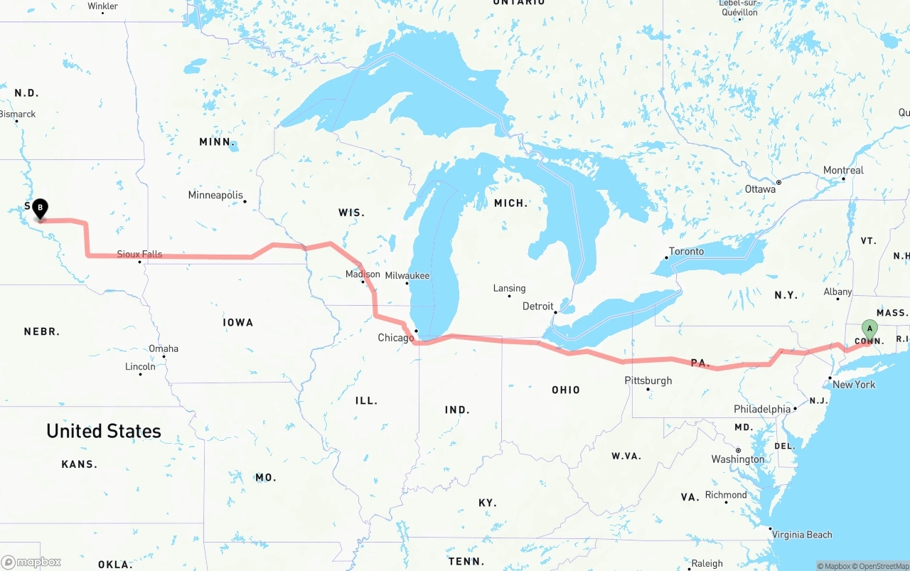 Shipping route from Connecticut to South Dakota