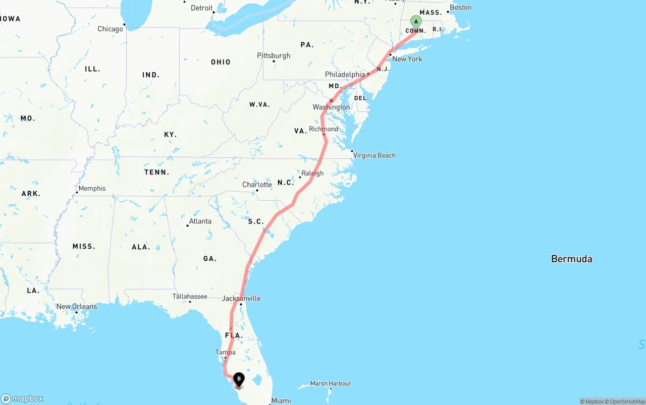 Shipping route from Connecticut to Southwest Florida International Airport