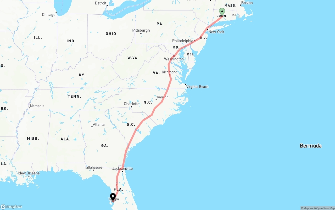 Shipping route from Connecticut to Tampa International Airport