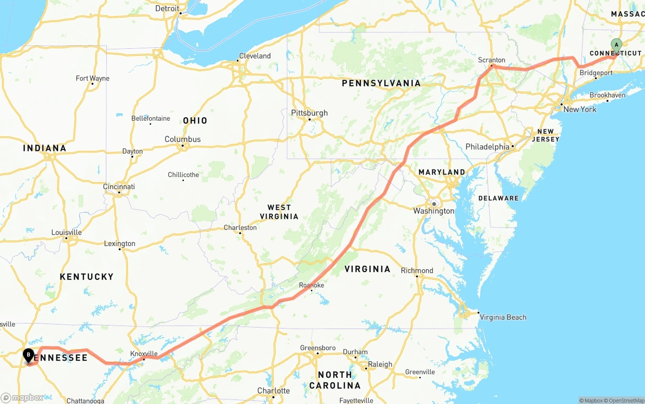 Shipping route from Connecticut to Tennessee