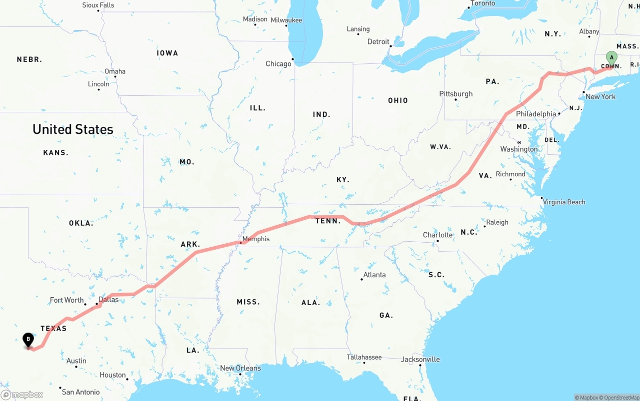 Shipping route from Connecticut to Texas