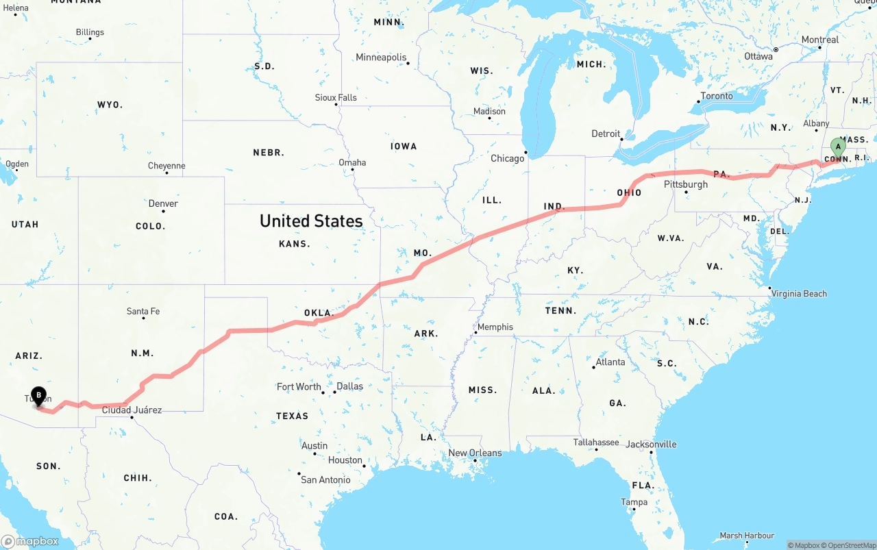 Shipping route from Connecticut to Tucson International Airport