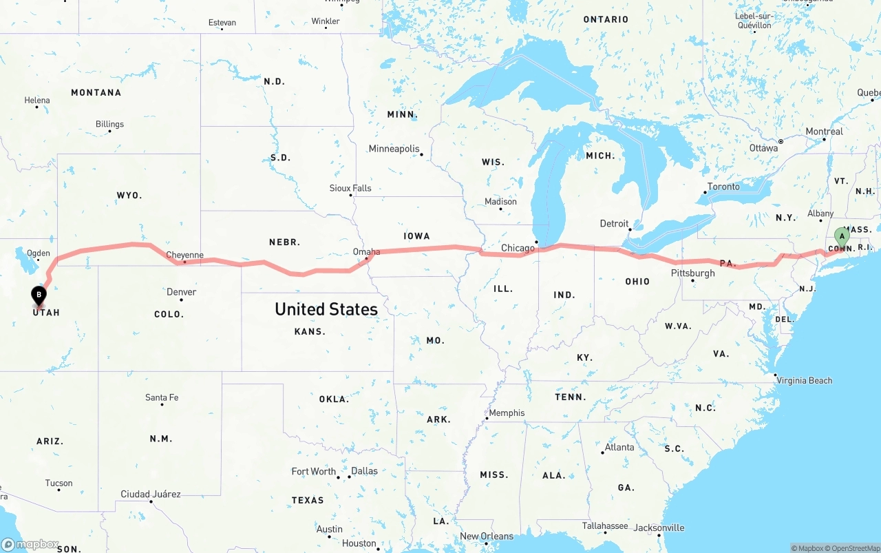 Shipping route from Connecticut to Utah