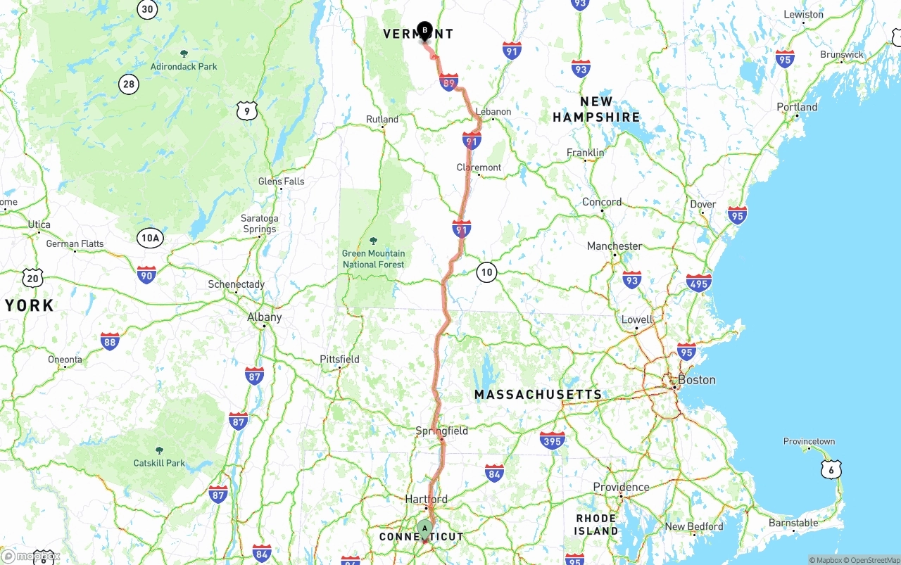 Shipping route from Connecticut to Vermont