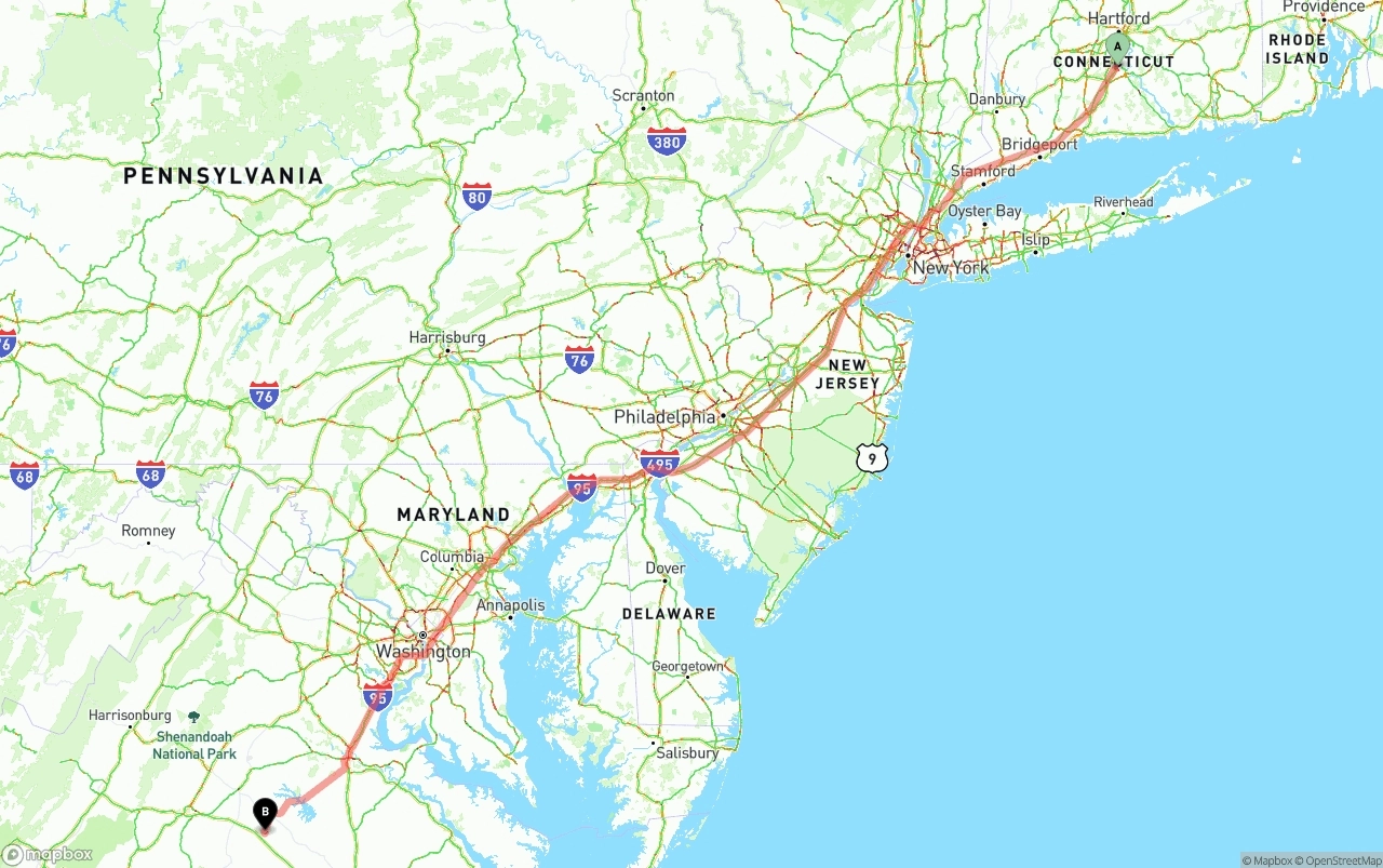 Shipping route from Connecticut to Virginia