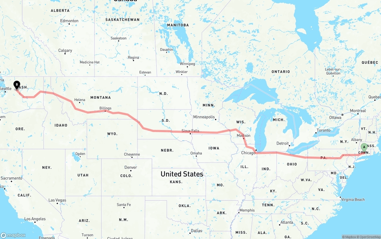 Shipping route from Connecticut to Washington