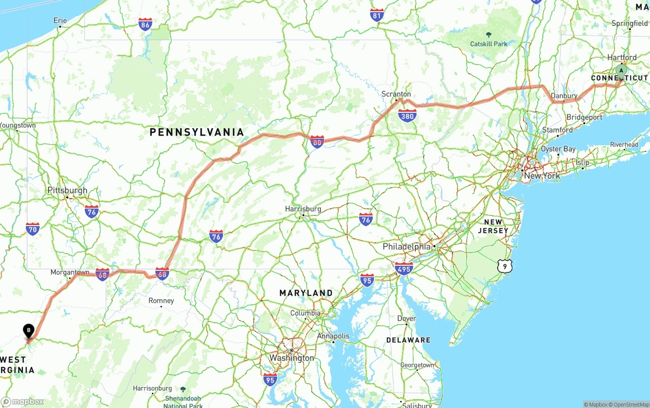 Shipping route from Connecticut to West Virginia
