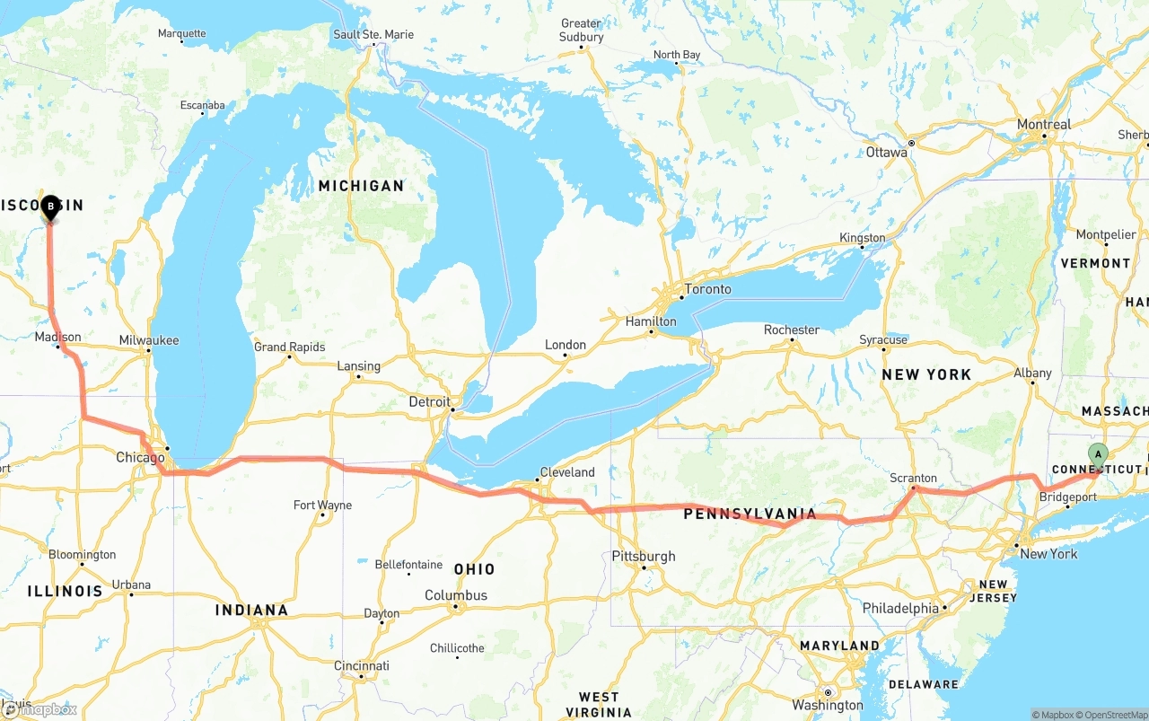 Shipping route from Connecticut to Wisconsin