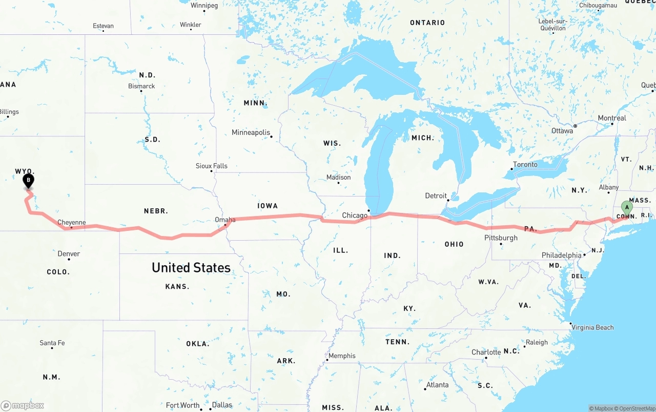Shipping route from Connecticut to Wyoming