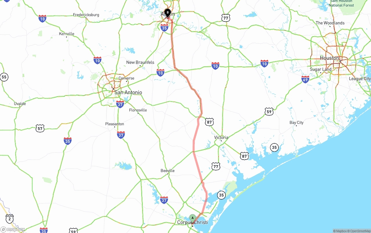 Shipping route from Corpus Christi to Austin