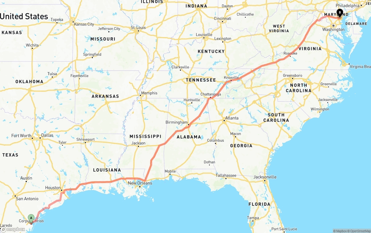 Shipping route from Corpus Christi to Baltimore