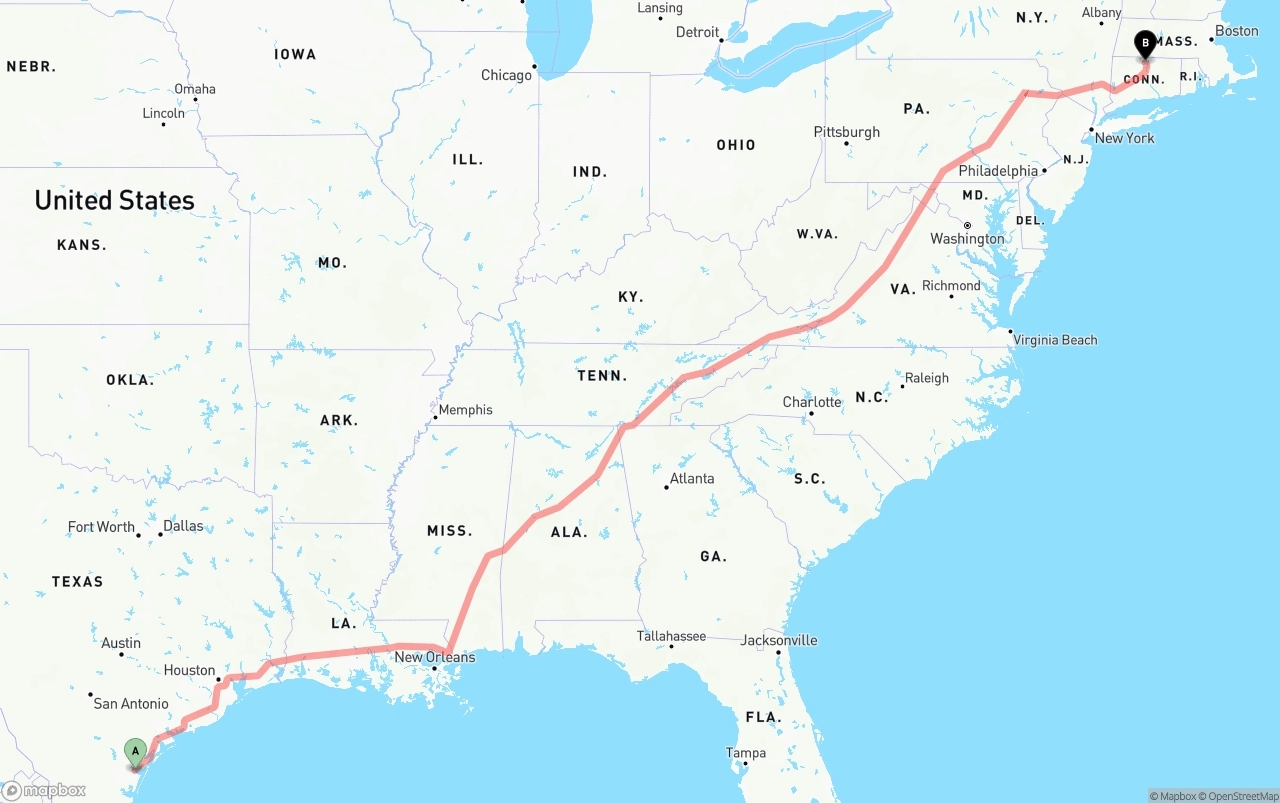 Shipping route from Corpus Christi to Bradley International Airport