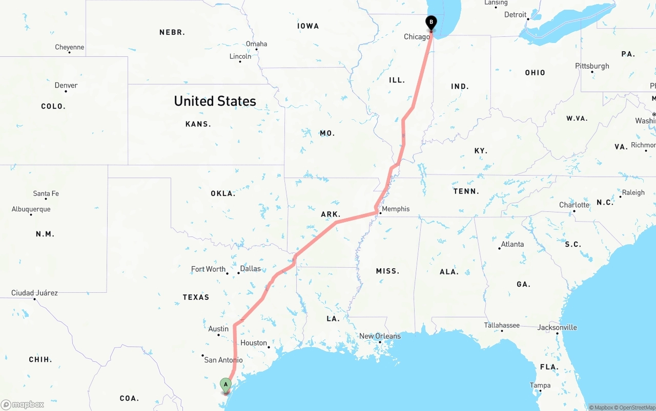 Shipping route from Corpus Christi to Chicago