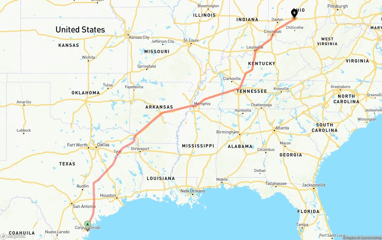 Shipping route from Corpus Christi to Columbus