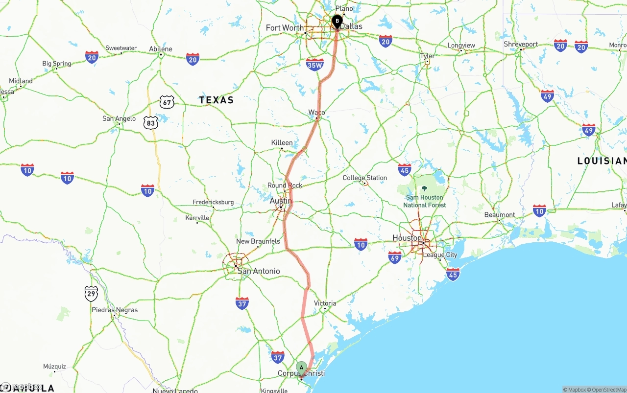 Shipping route from Corpus Christi to Dallas