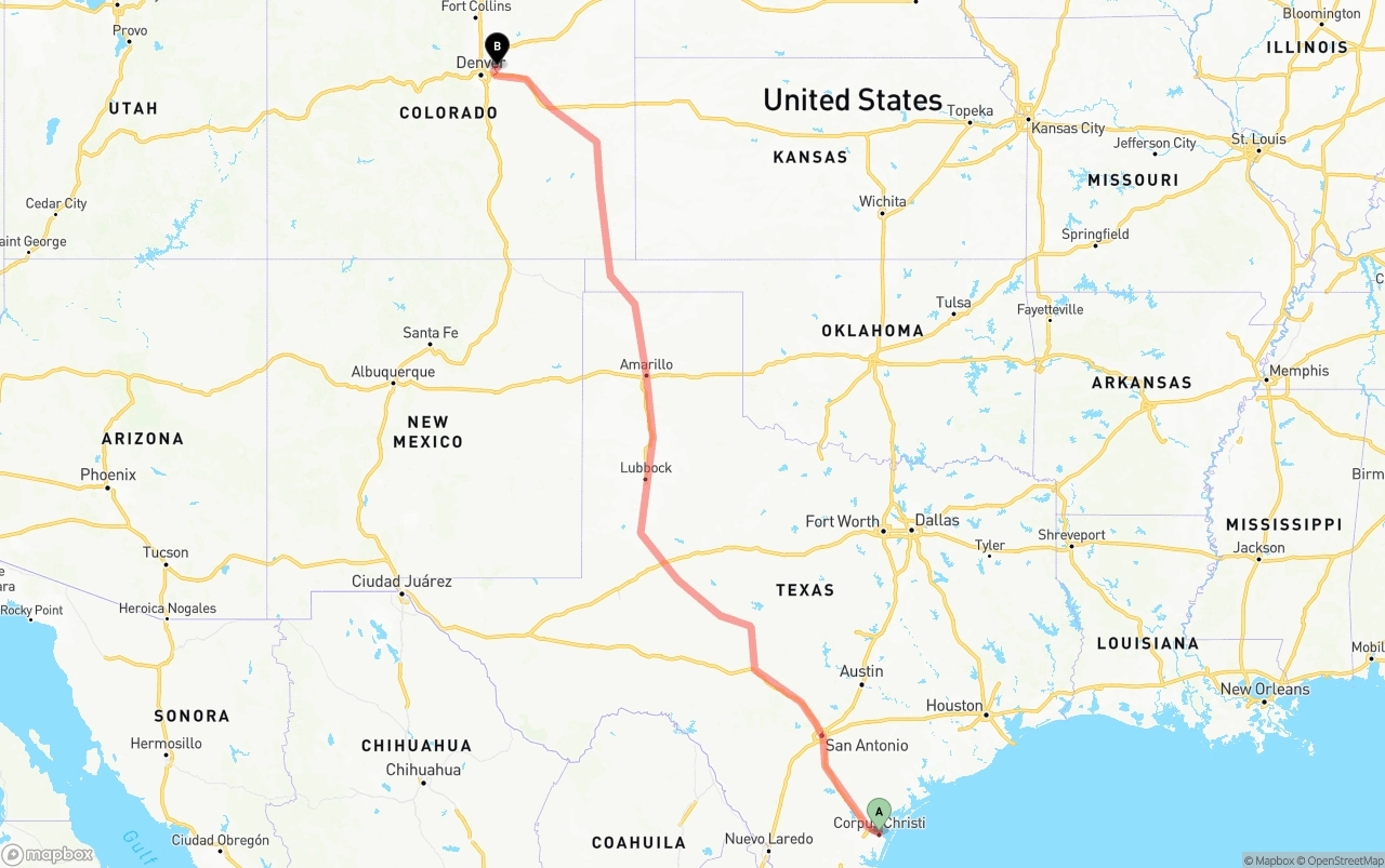 Shipping route from Corpus Christi to Denver International Airport