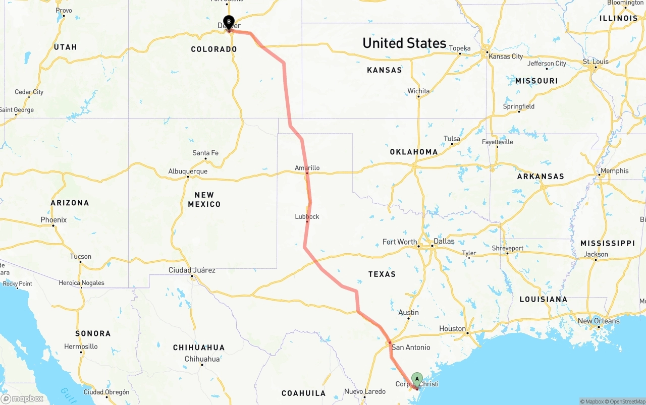 Shipping route from Corpus Christi to Denver
