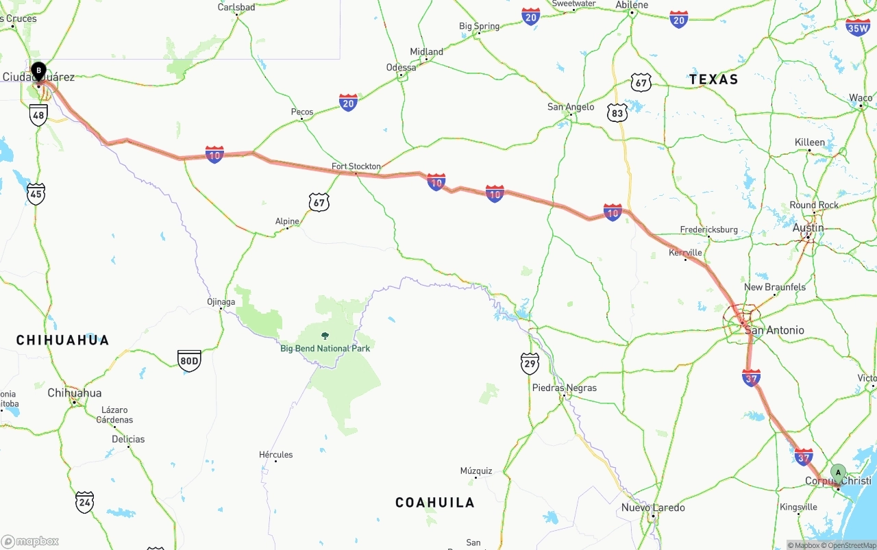 Shipping route from Corpus Christi to El Paso