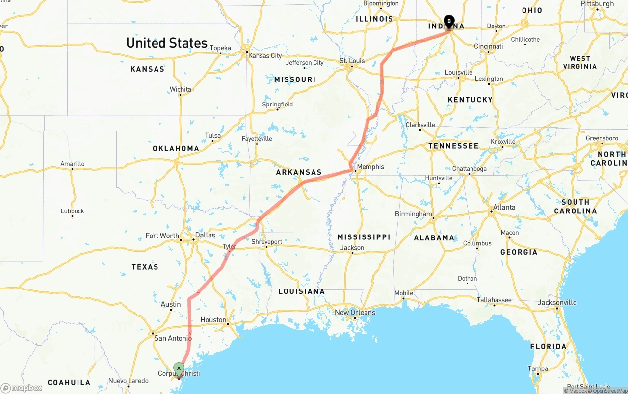 Shipping route from Corpus Christi to Indianapolis