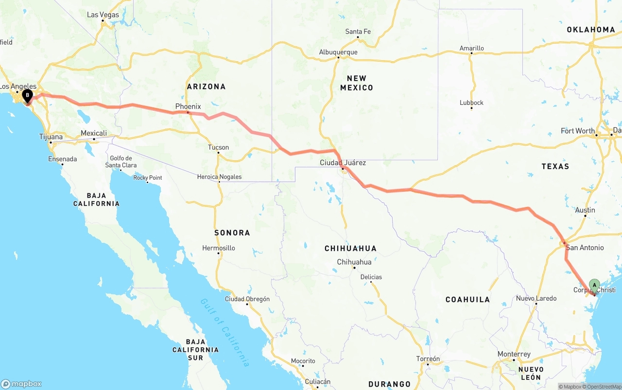Shipping route from Corpus Christi to John Wayne Airport — Orange County
