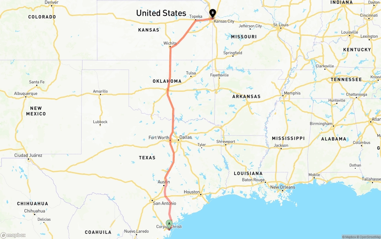 Shipping route from Corpus Christi to Kansas City