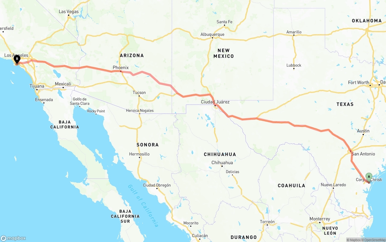 Shipping route from Corpus Christi to Long Beach