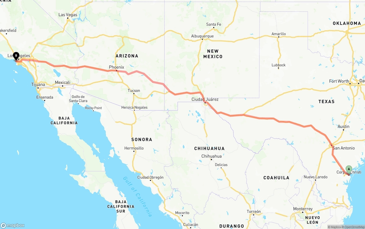 Shipping route from Corpus Christi to Los Angeles International Airport