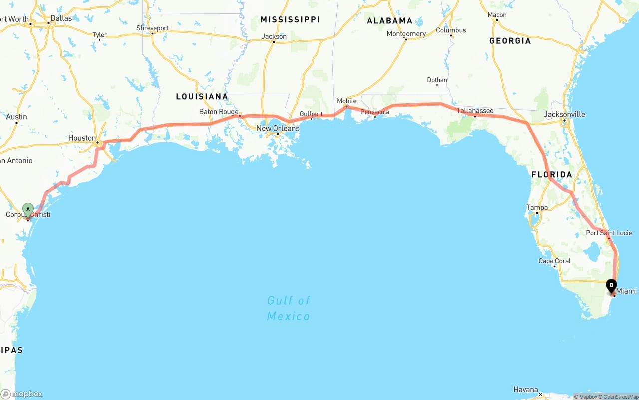 Shipping route from Corpus Christi to Miami International Airport