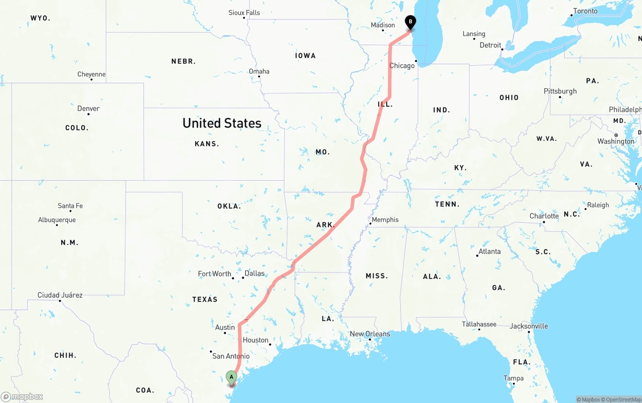 Shipping route from Corpus Christi to Milwaukee