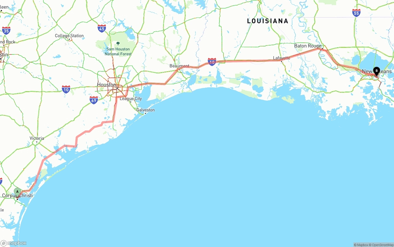 Shipping route from Corpus Christi to New Orleans