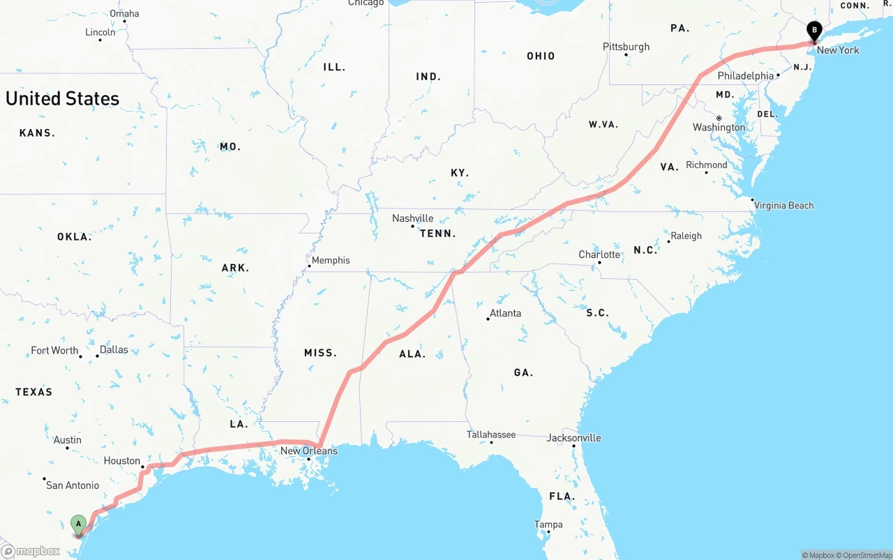 Shipping route from Corpus Christi to New York City
