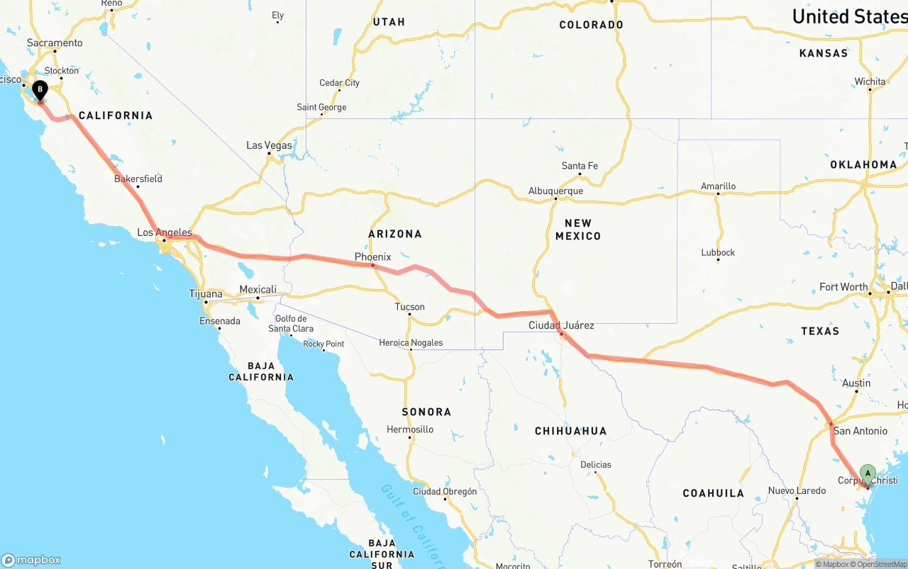 Shipping route from Corpus Christi to Norman Y. Mineta San Jose International Airport