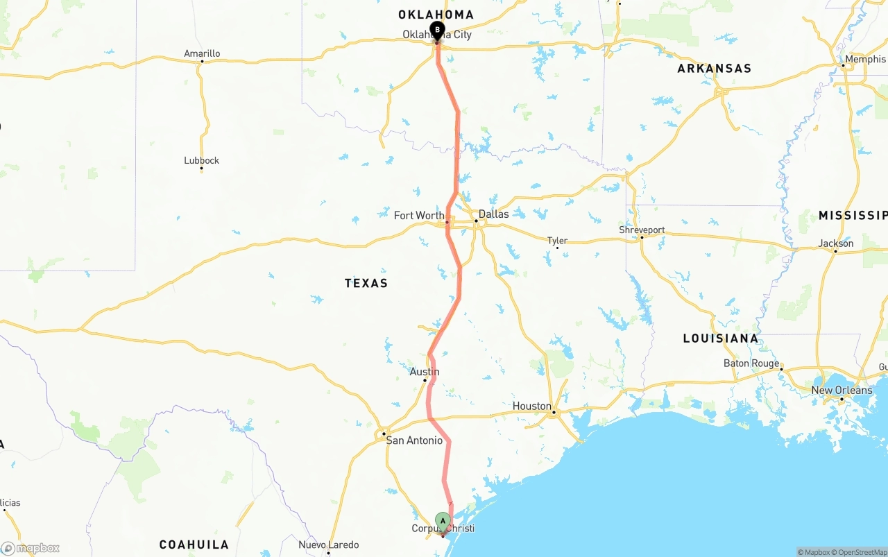 Shipping route from Corpus Christi to Oklahoma City