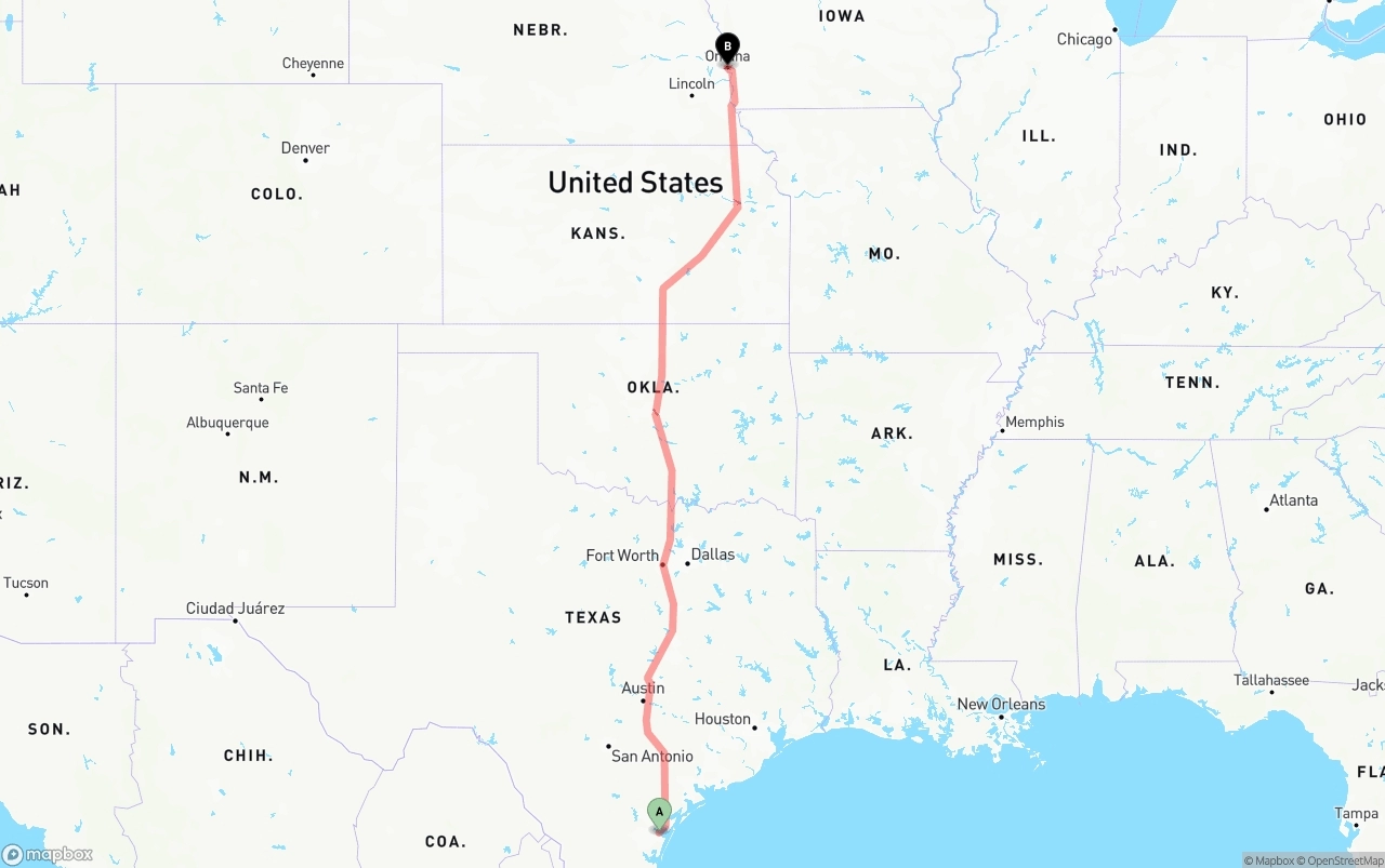 Shipping route from Corpus Christi to Omaha
