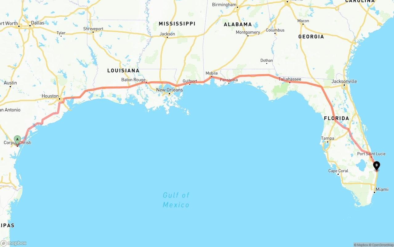 Shipping route from Corpus Christi to Palm Beach International Airport