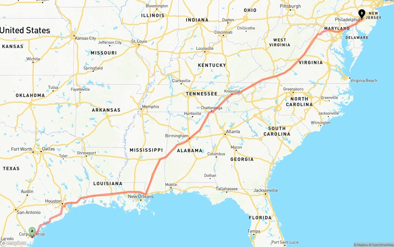 Shipping route from Corpus Christi to Philadelphia