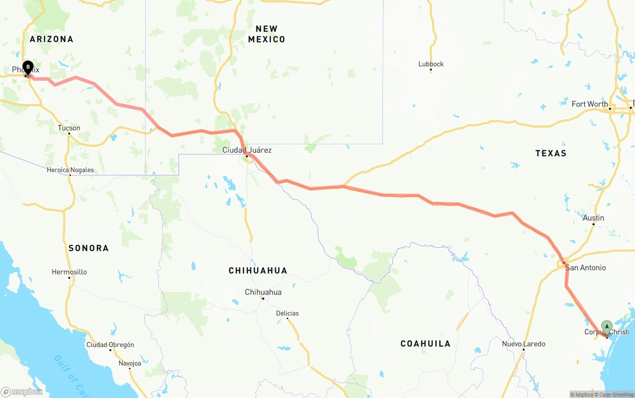 Shipping route from Corpus Christi to Phoenix Sky Harbor International Airport