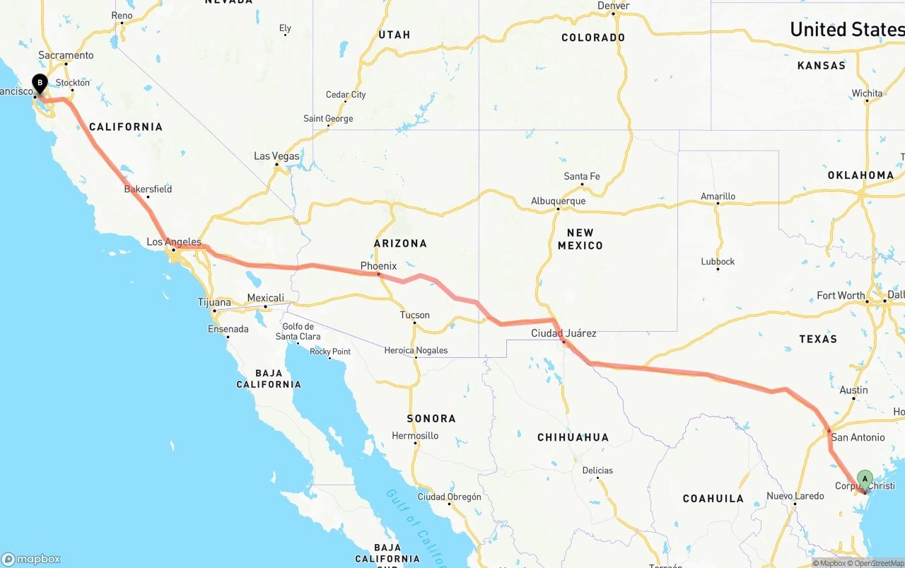 Shipping route from Corpus Christi to Port of Oakland