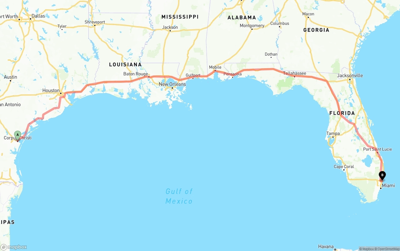 Shipping route from Corpus Christi to Port of Port Everglades