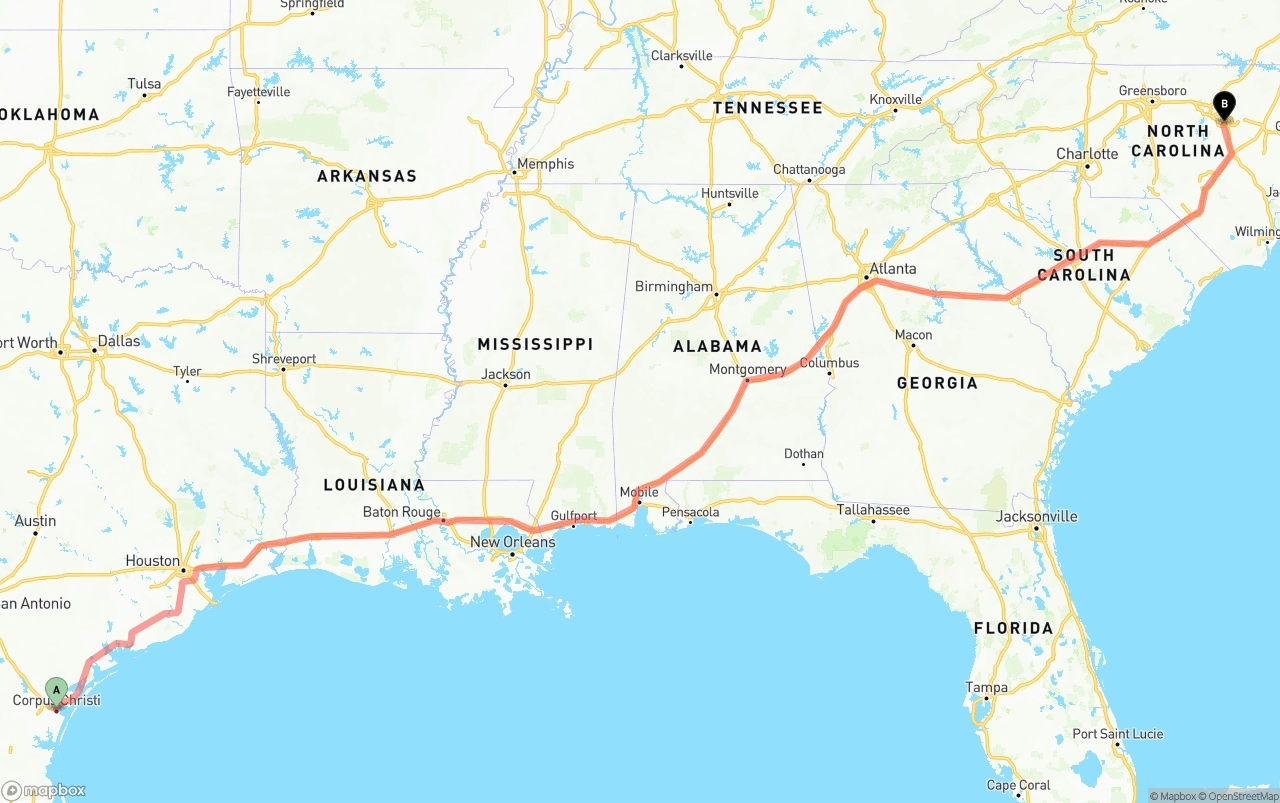 Shipping route from Corpus Christi to Raleigh