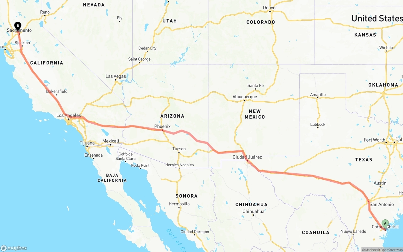 Shipping route from Corpus Christi to Sacramento International Airport