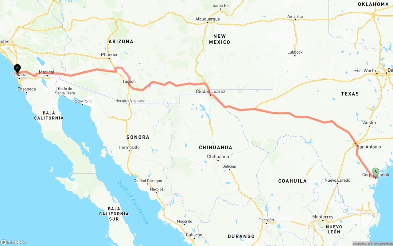 Shipping route from Corpus Christi to San Diego