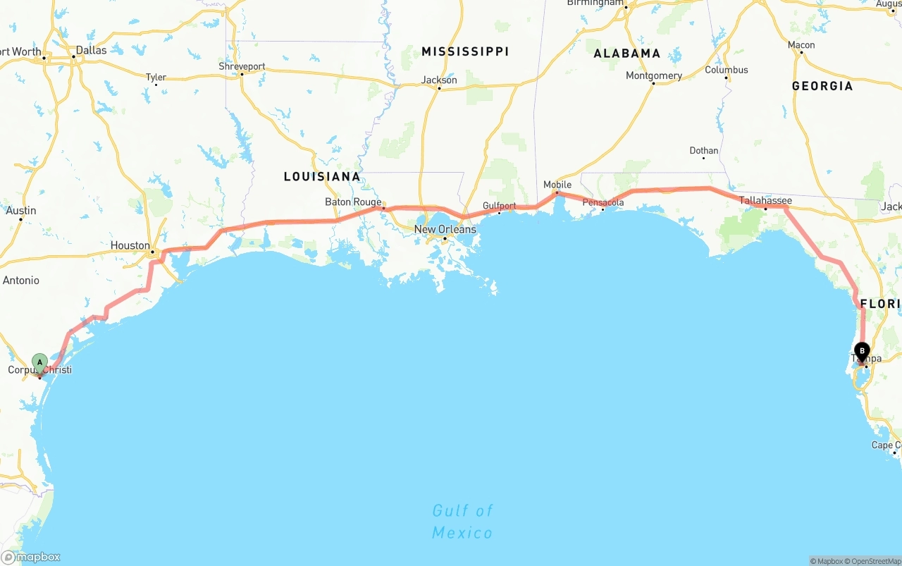 Shipping route from Corpus Christi to Tampa International Airport