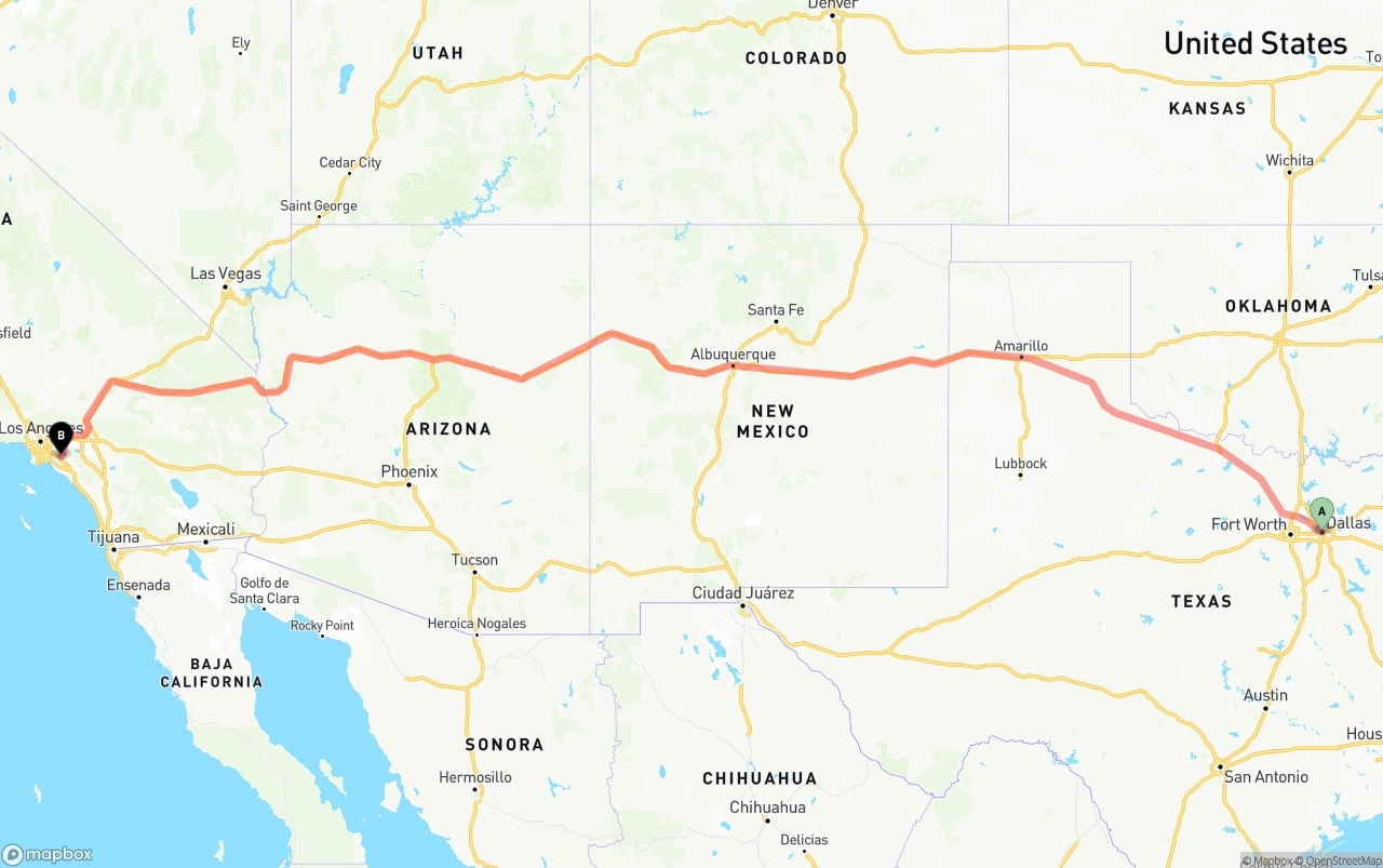 Shipping route from Dallas to Anaheim