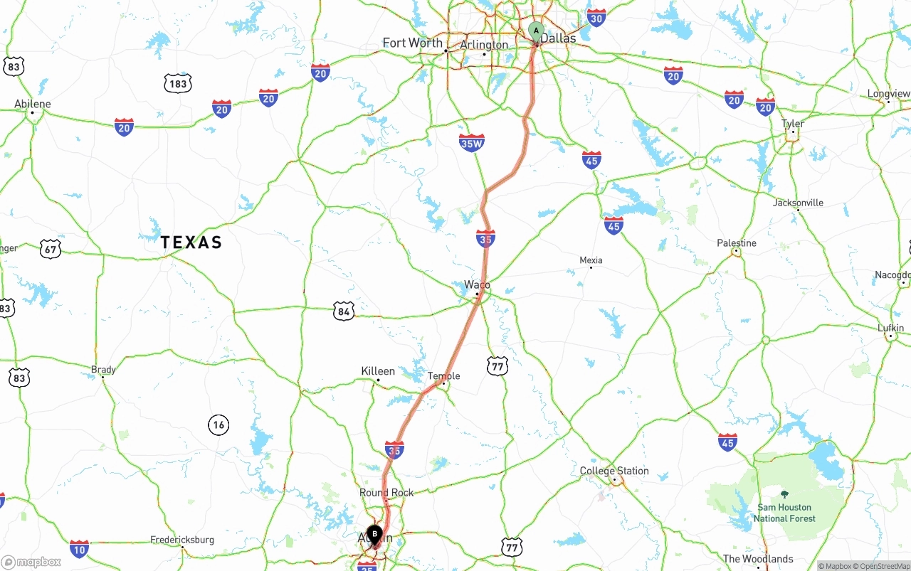 Shipping route from Dallas to Austin