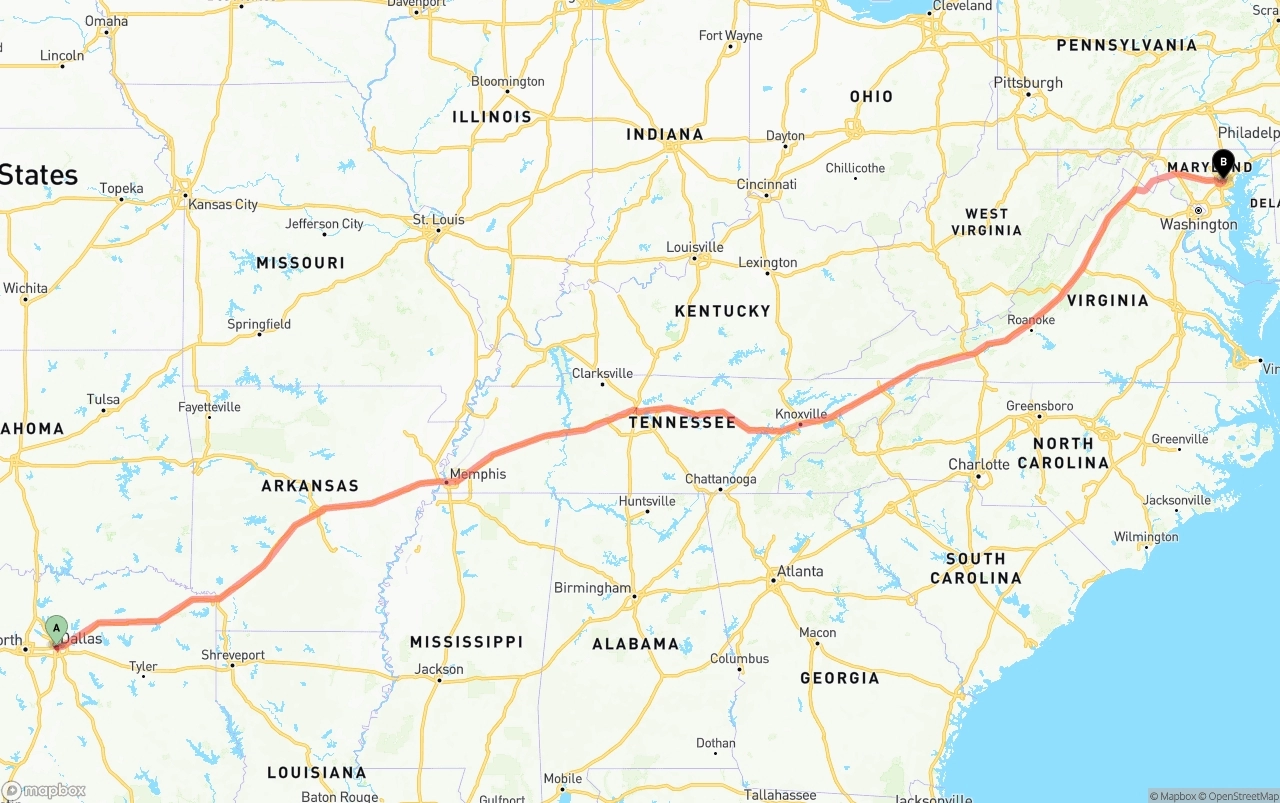 Shipping route from Dallas to Baltimore