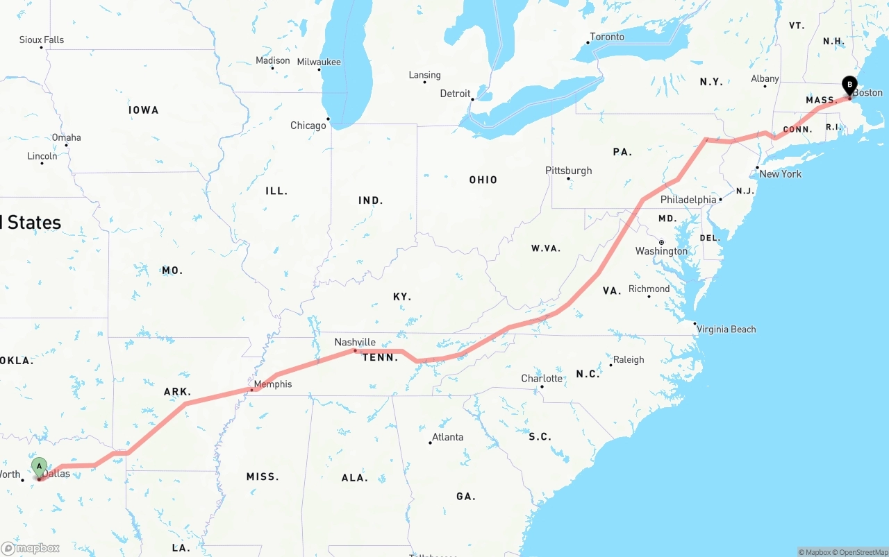 Shipping route from Dallas to Boston