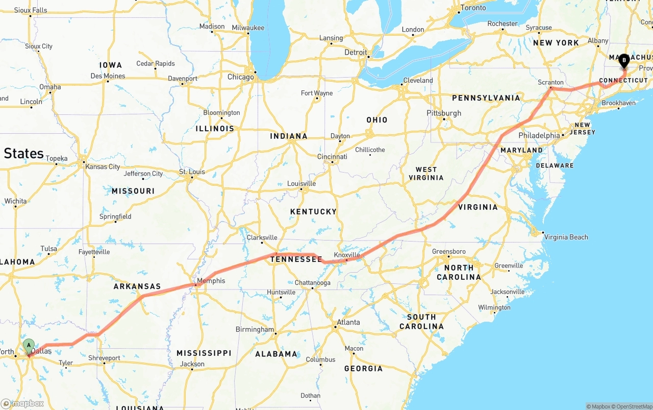 Shipping route from Dallas to Bradley International Airport